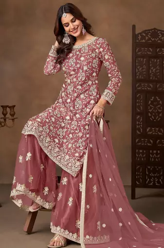 Pink color elegant net fabric embroidered palazzo suit