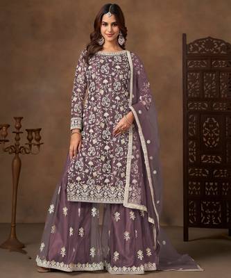 Lavender color elegant net fabric embroidered palazzo suit 1