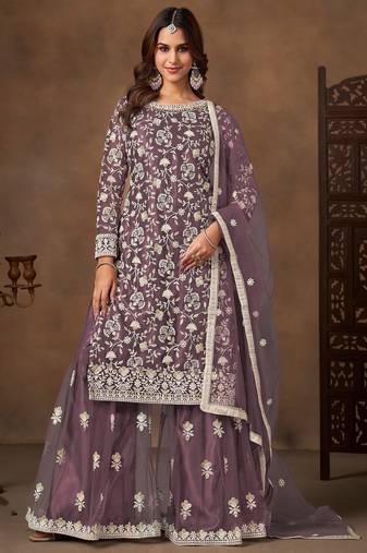 Lavender color elegant net fabric designer embroidered palazzo suit