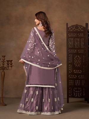 Lavender color elegant net fabric embroidered palazzo suit 2