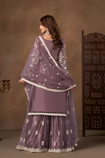 Lavender color elegant net fabric embroidered palazzo suit