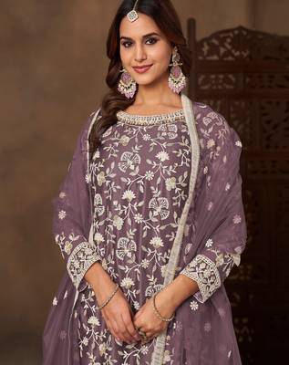 Lavender color elegant net fabric embroidered palazzo suit 3