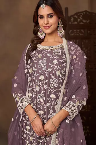 Lavender color elegant net fabric embroidered palazzo suit
