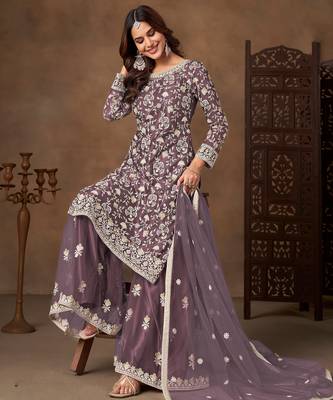 Lavender color elegant net fabric embroidered palazzo suit 4