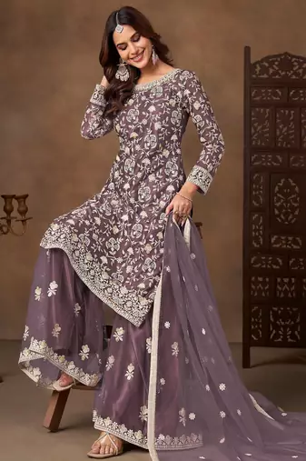 Lavender color elegant net fabric embroidered palazzo suit