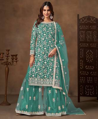Sea green color elegant net fabric embroidered palazzo suit 1
