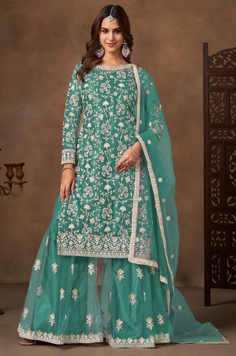 Sea green color elegant net fabric designer embroidered palazzo suit