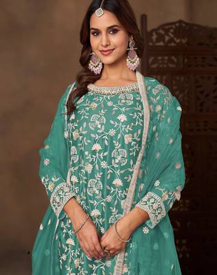 Sea green color elegant net fabric embroidered palazzo suit 3