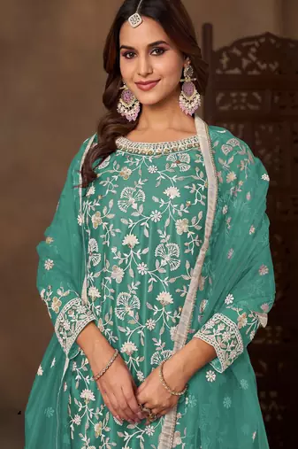 Sea green color elegant net fabric embroidered palazzo suit