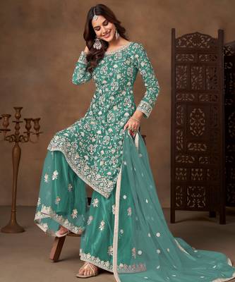 Sea green color elegant net fabric embroidered palazzo suit 4