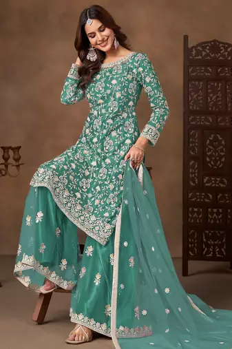 Sea green color elegant net fabric embroidered palazzo suit