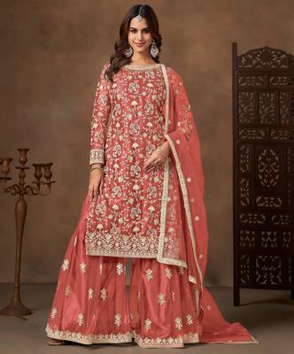 Peach color elegant net fabric embroidered palazzo suit 1