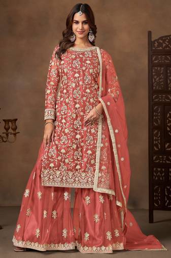 Peach color elegant net fabric designer embroidered palazzo suit