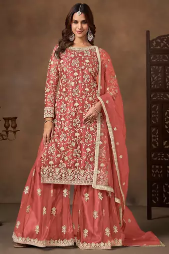 Peach color elegant net fabric designer embroidered palazzo suit