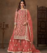 Peach color elegant net fabric embroidered palazzo suit