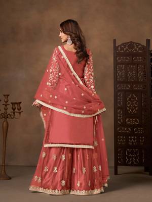 Peach color elegant net fabric embroidered palazzo suit 2