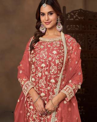 Peach color elegant net fabric embroidered palazzo suit 3