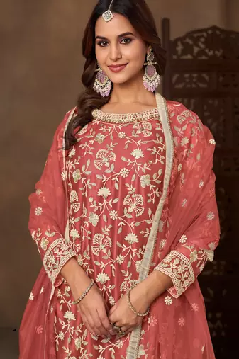 Peach color elegant net fabric embroidered palazzo suit