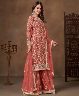 Peach color elegant net fabric embroidered palazzo suit 4