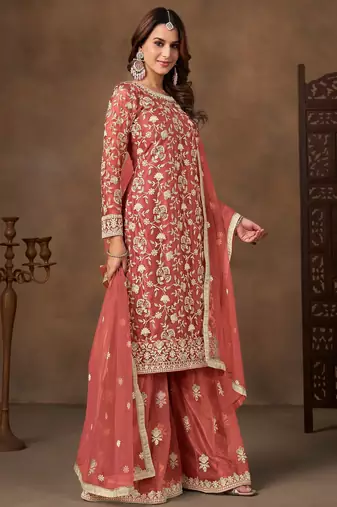 Peach color elegant net fabric embroidered palazzo suit