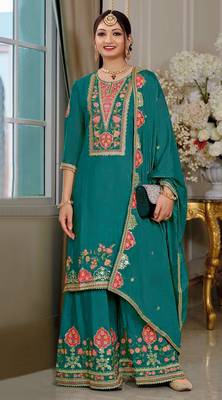 Teal color beautiful embroidered chinon fabric palazzo dress 1