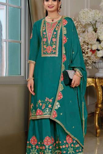 Teal color beautiful embroidered chinon fabric palazzo dress