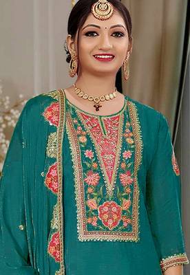 Teal color beautiful embroidered chinon fabric palazzo dress 2