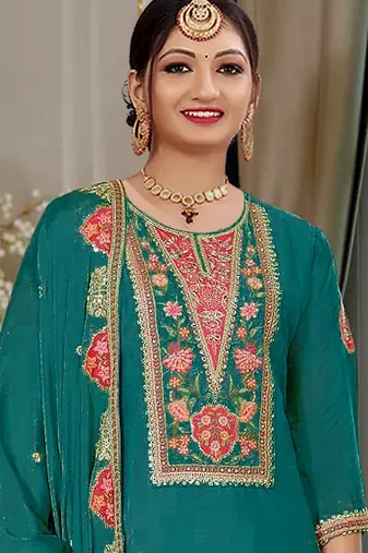 Teal color beautiful embroidered chinon fabric palazzo dress