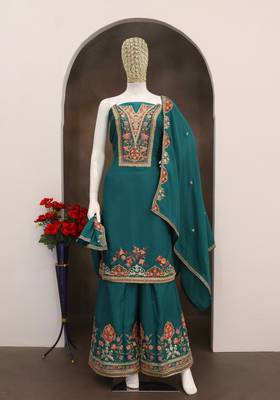 Teal color beautiful embroidered chinon fabric palazzo dress 3