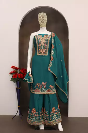 Teal color beautiful embroidered chinon fabric palazzo dress