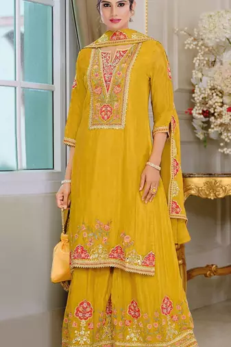 Yellow color beautiful embroidered chinon fabric palazzo dress