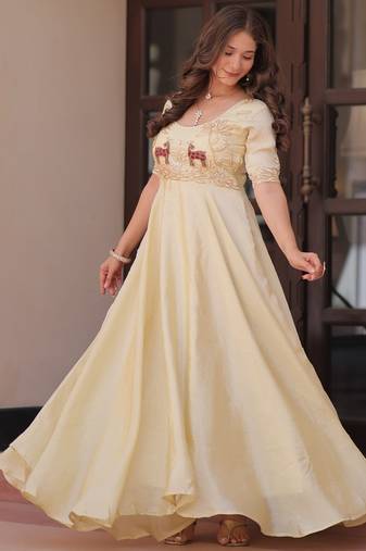 Off-White Gold Crush Gown with Bead & Sequin Embroidery | Fully Stitched Elegant Women’s Festive & Partywear Gown