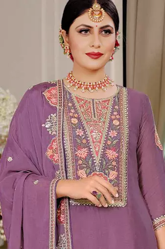 Purple color beautiful embroidered chinon fabric palazzo dress