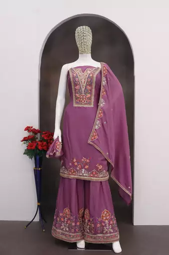 Purple color beautiful embroidered chinon fabric palazzo dress