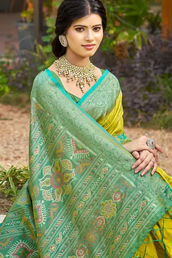 mustred soft silk blend woven partywear saree