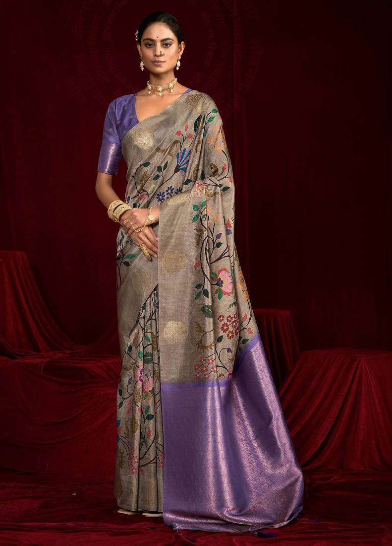 lavender color soft silk blend fabric graceful partywear saree