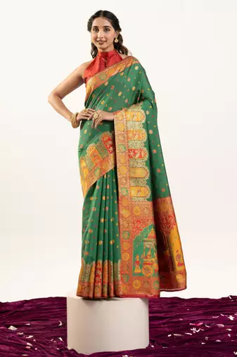 green color woven designer banarasi pashmina silk blend saree