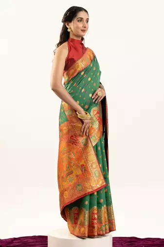 green woven faux banarasi pashmina silk blend saree