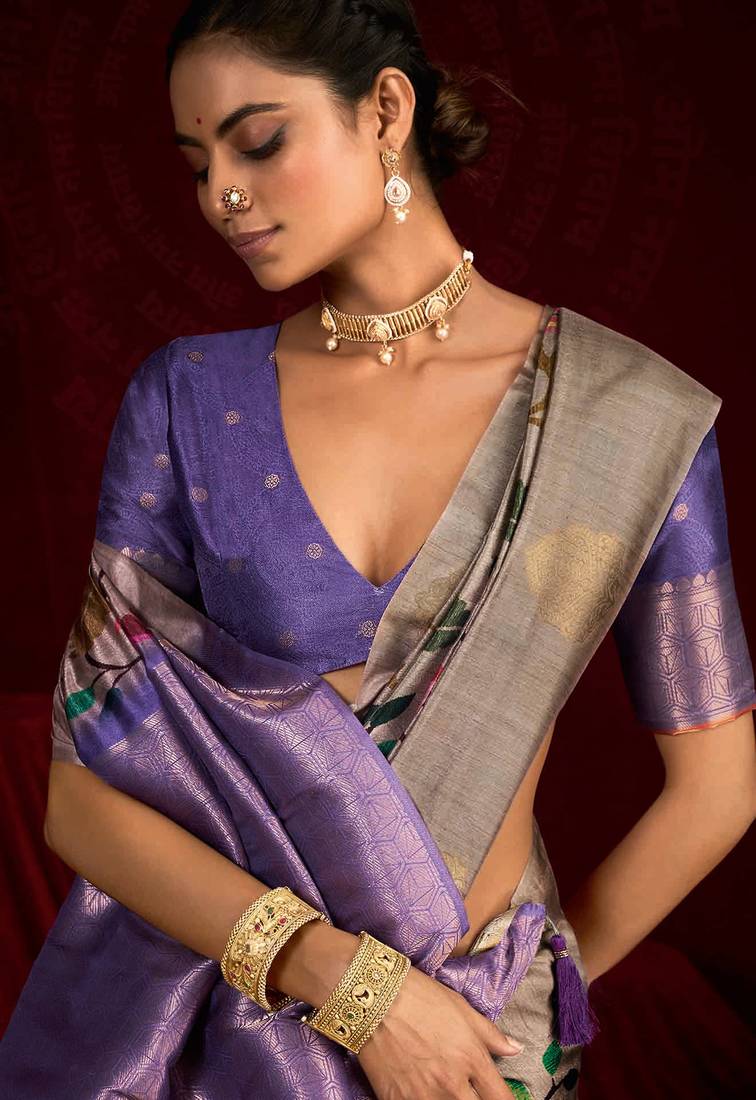 lavender color soft silk blend fabric graceful partywear saree