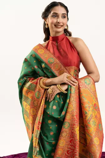 green woven faux banarasi pashmina silk blend saree