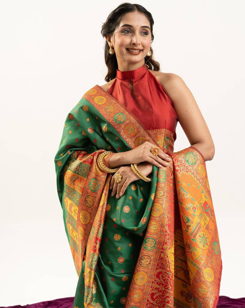 green color woven designer banarasi pashmina silk blend saree