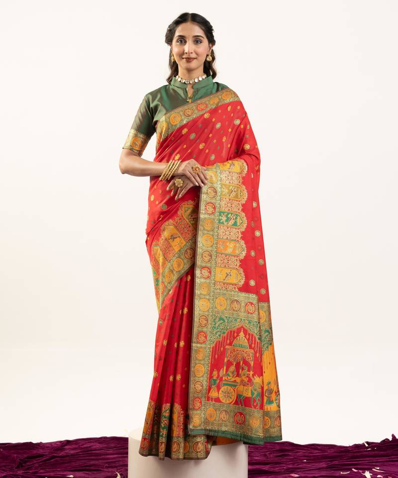 red color woven designer banarasi pashmina silk blend saree