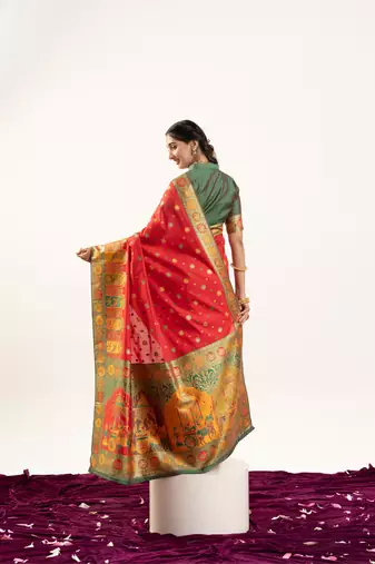 red woven faux banarasi pashmina silk blend saree