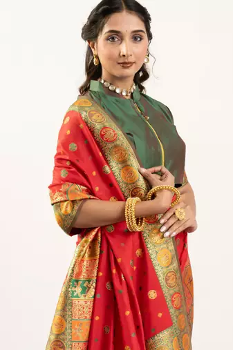 red woven faux banarasi pashmina silk blend saree