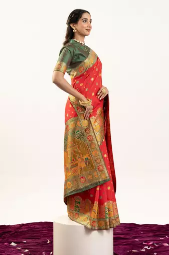 red woven faux banarasi pashmina silk blend saree