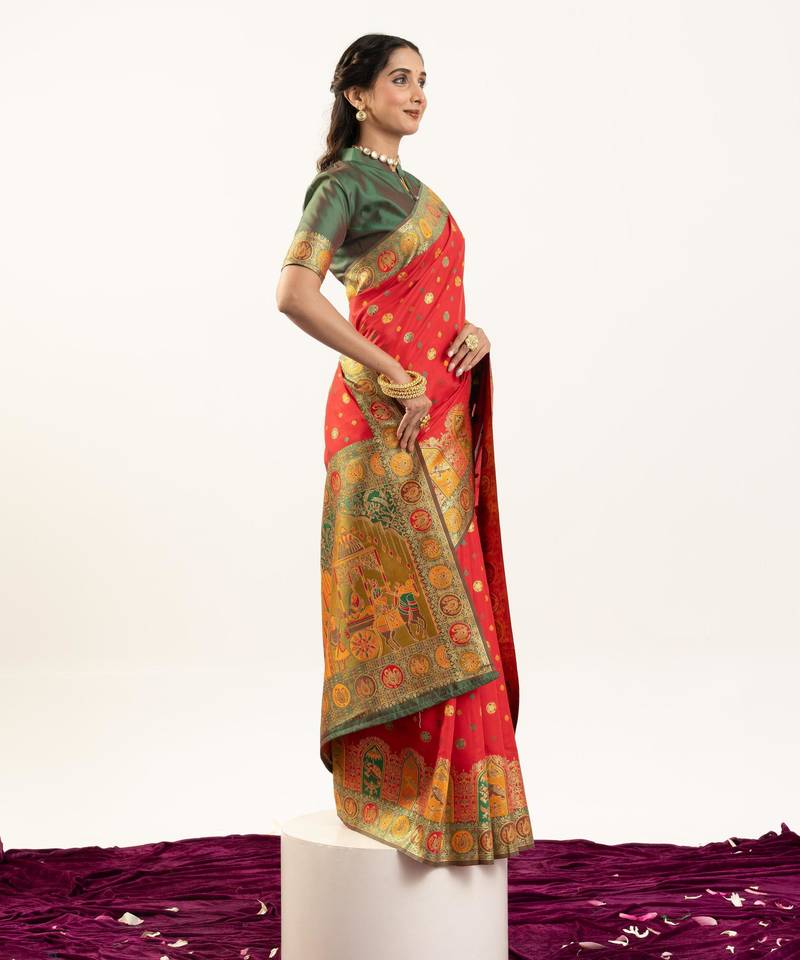 red color woven designer banarasi pashmina silk blend saree