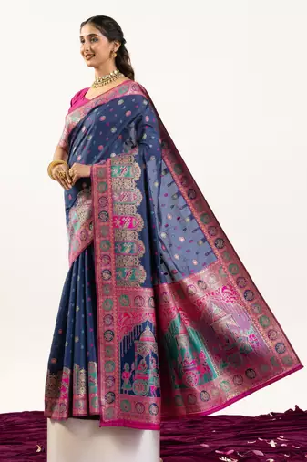 blue woven faux banarasi pashmina silk blend saree