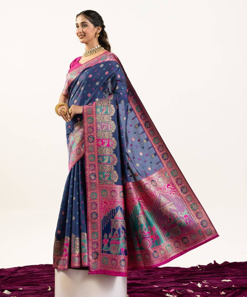 blue color woven designer banarasi pashmina silk blend saree