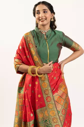 red woven faux banarasi pashmina silk blend saree