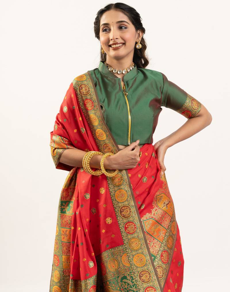 red color woven designer banarasi pashmina silk blend saree